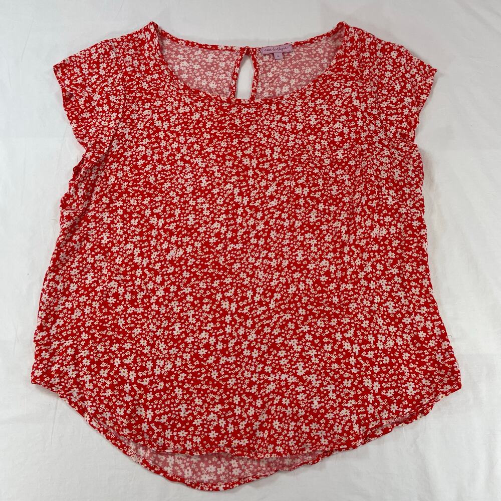 Rose & Rhyme Red Floral Daisy Print Cap Sleeve Blouse Top Medium Women's Rayon